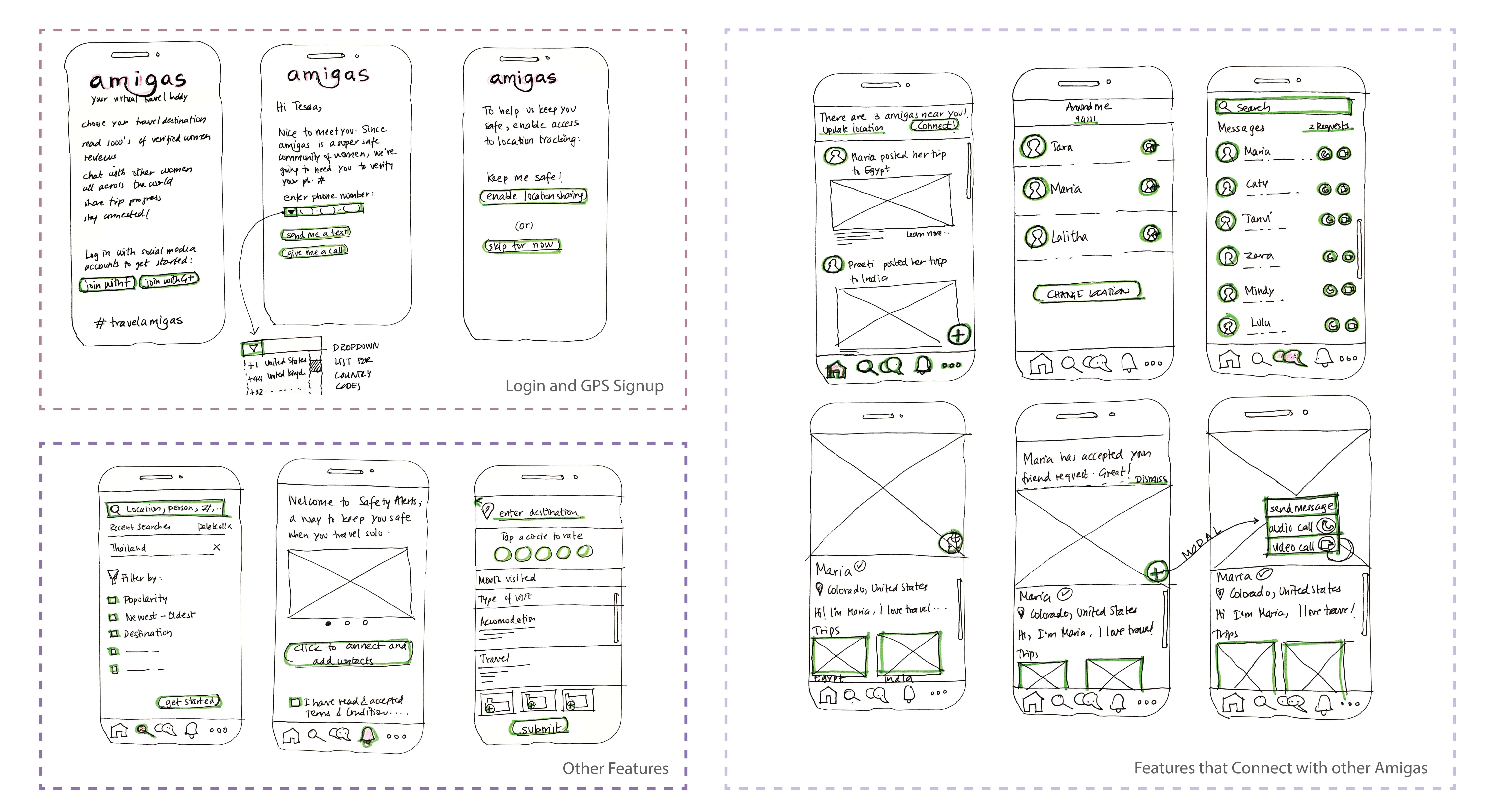 Amigas travel app paper prototypes