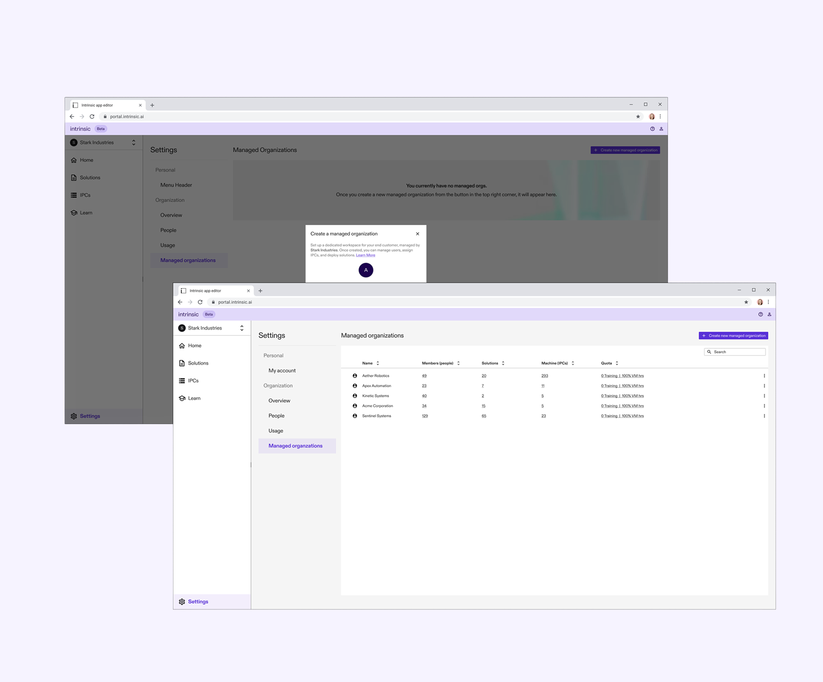 Flowstate Managed Organizations dashboard — empty state and populated state